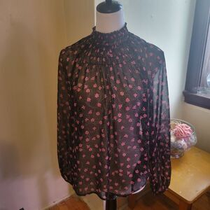 Elizabeth & James Black Floral Print Sheer Long Sleeves Blouse Size Small